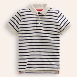 Boden Collared Striped Piqué Polo Shirt Ivory/College Navy Kids Boys Size 9-10Y
